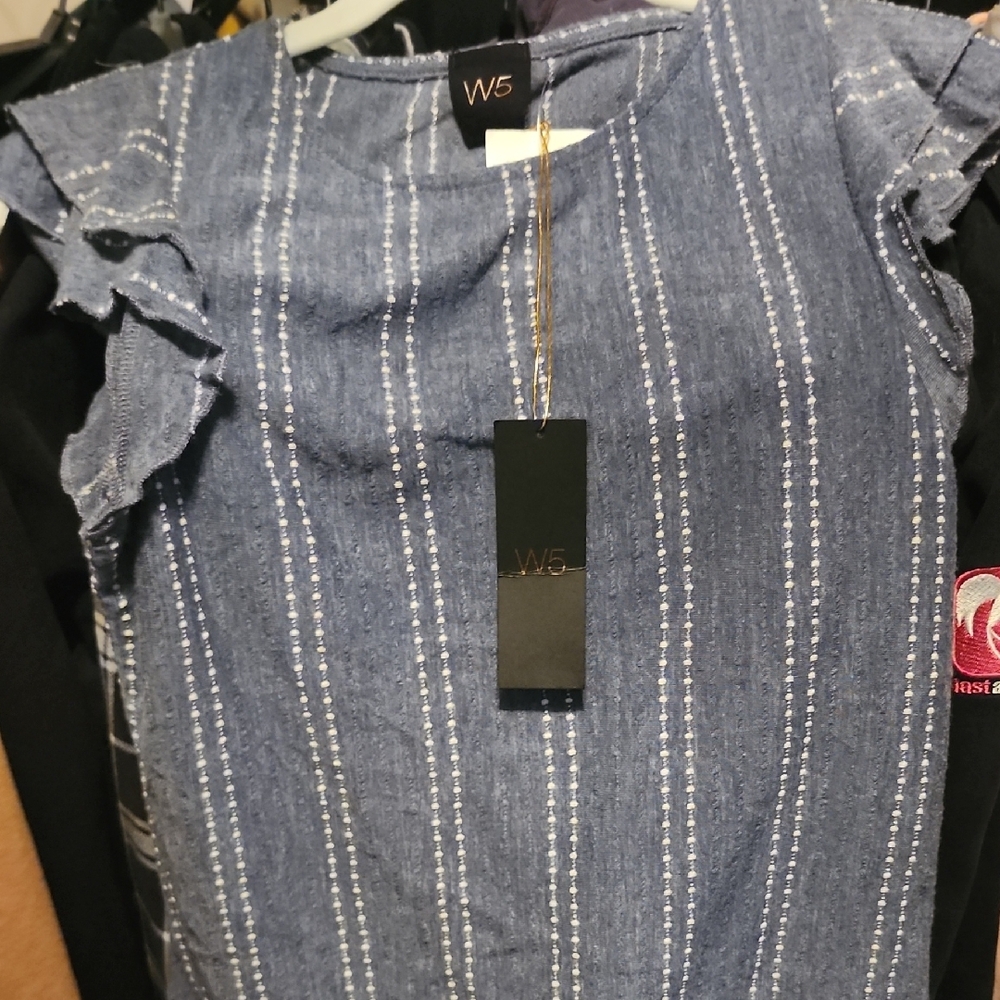 W5 Blue Striped Ruffle Sleeve Top